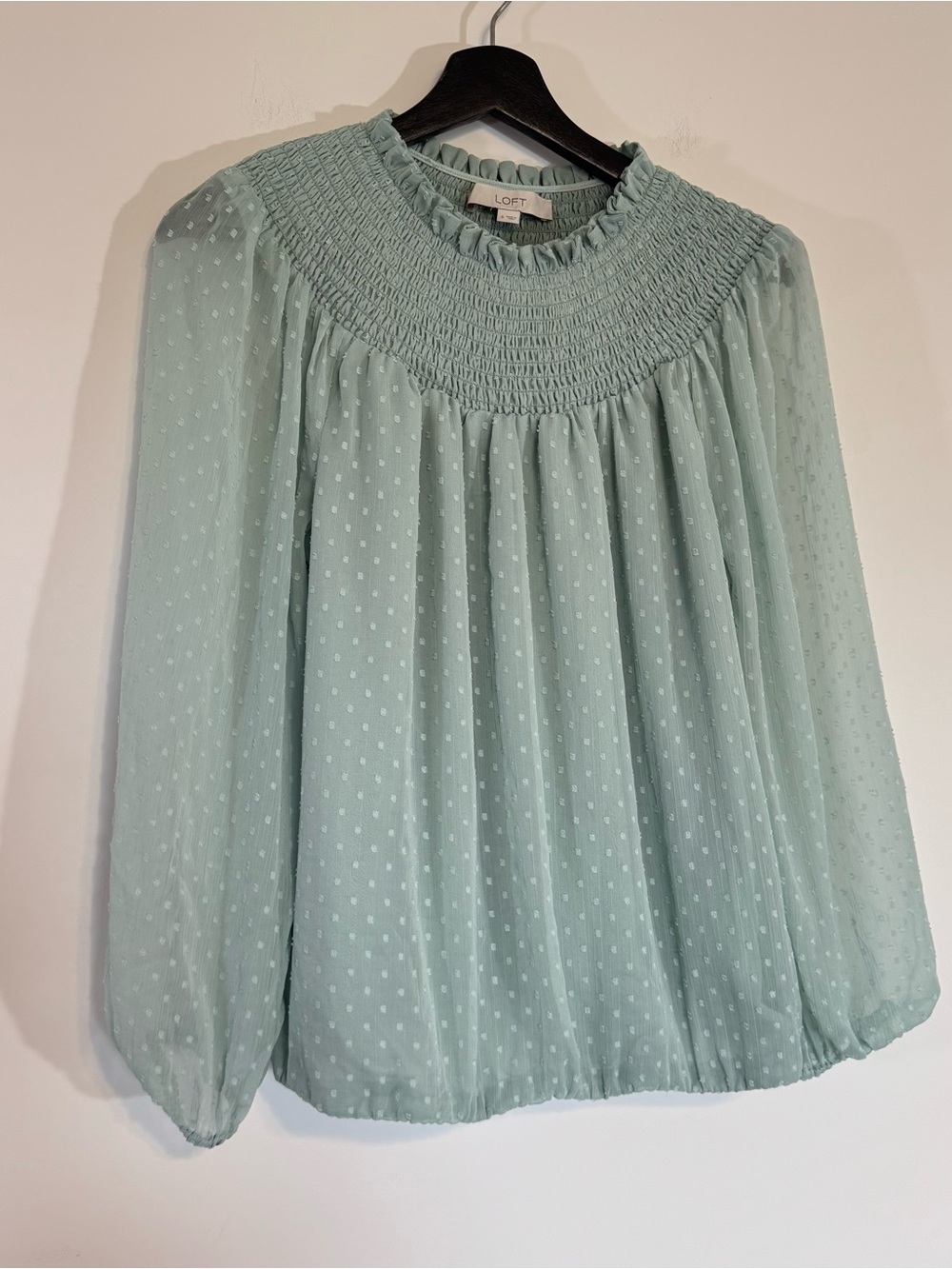 LOFT Mint Green Swiss Dot Smocked Blouse – Size Small